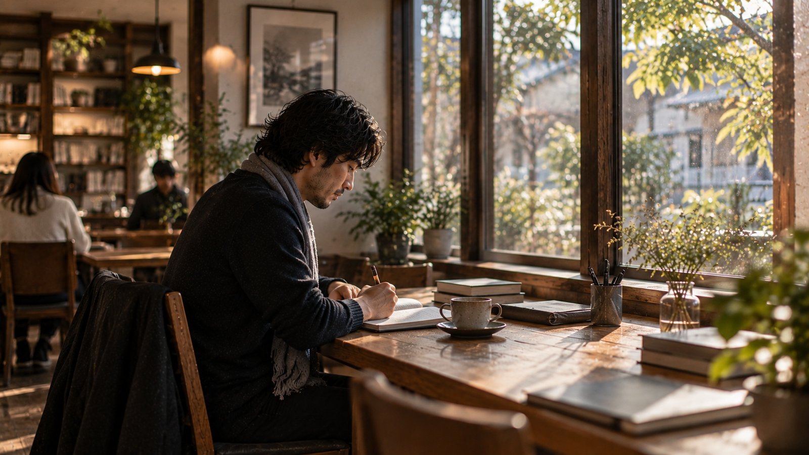 International adult studying Japanese quietly