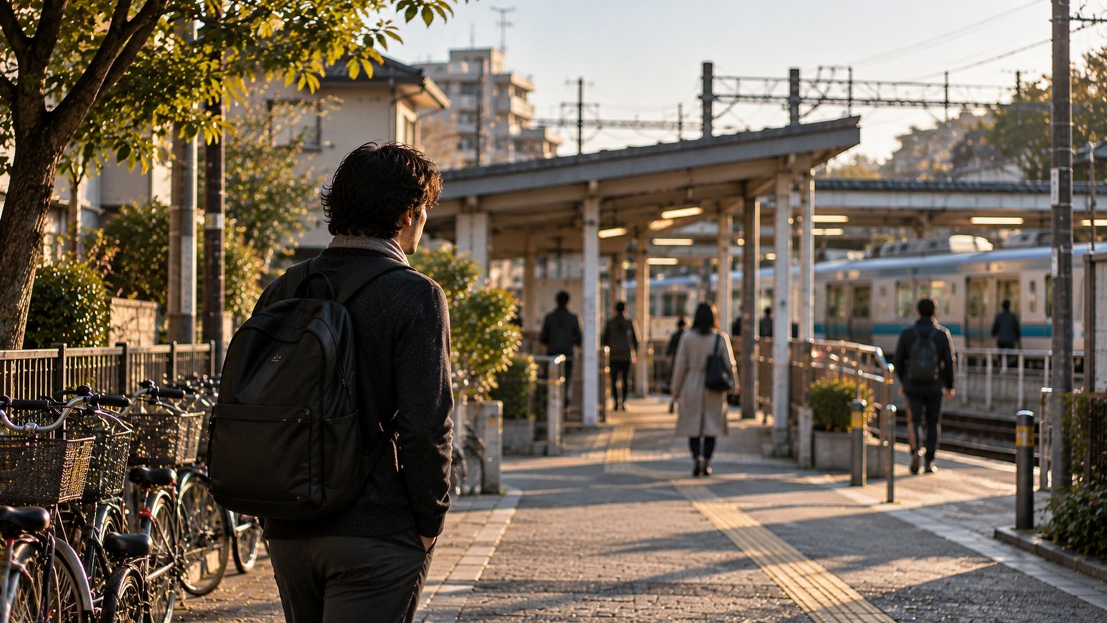 International adult near an ordinary Japanese neighbourhood station