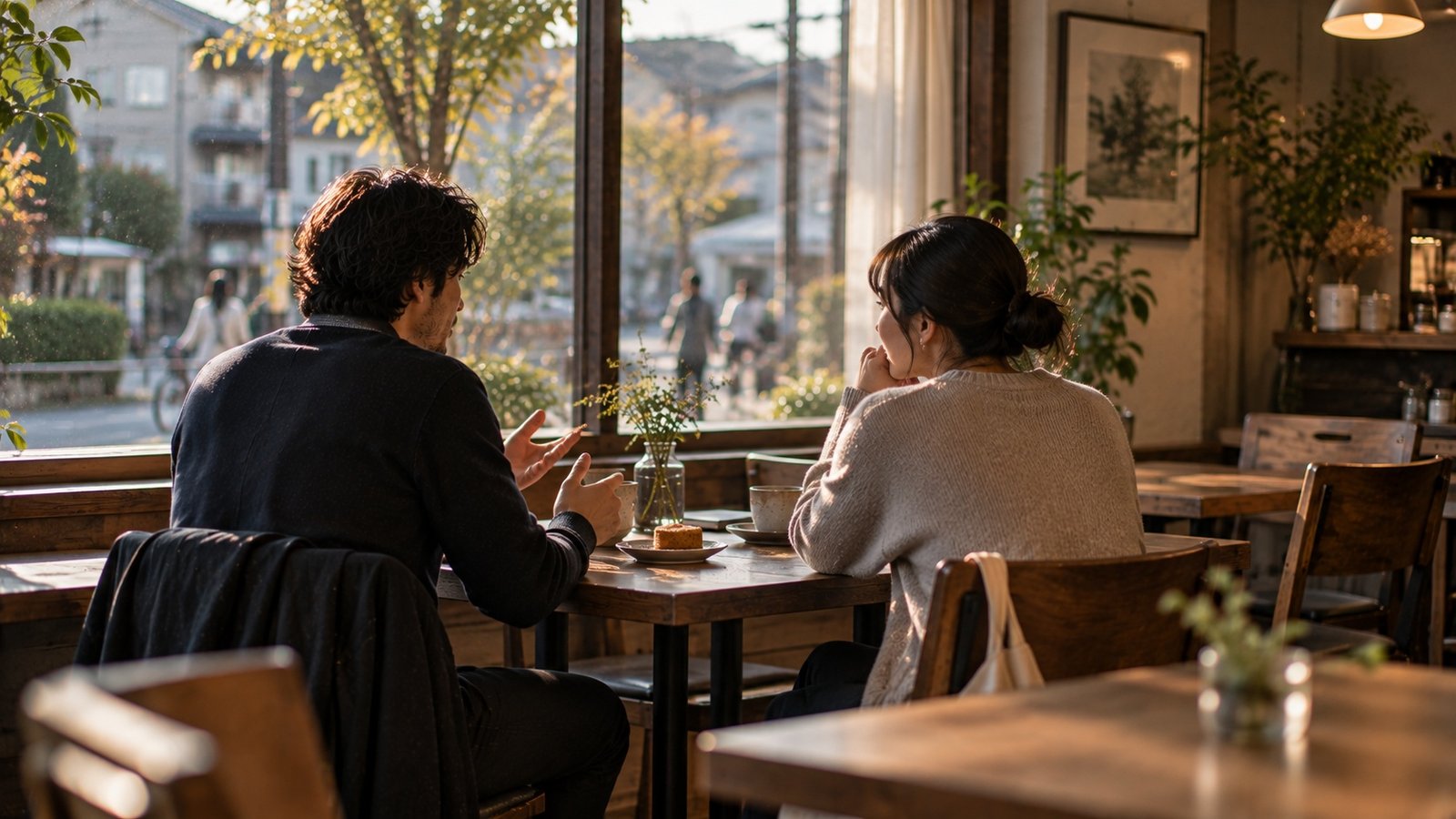 Two adults having a relaxed conversation in Japan