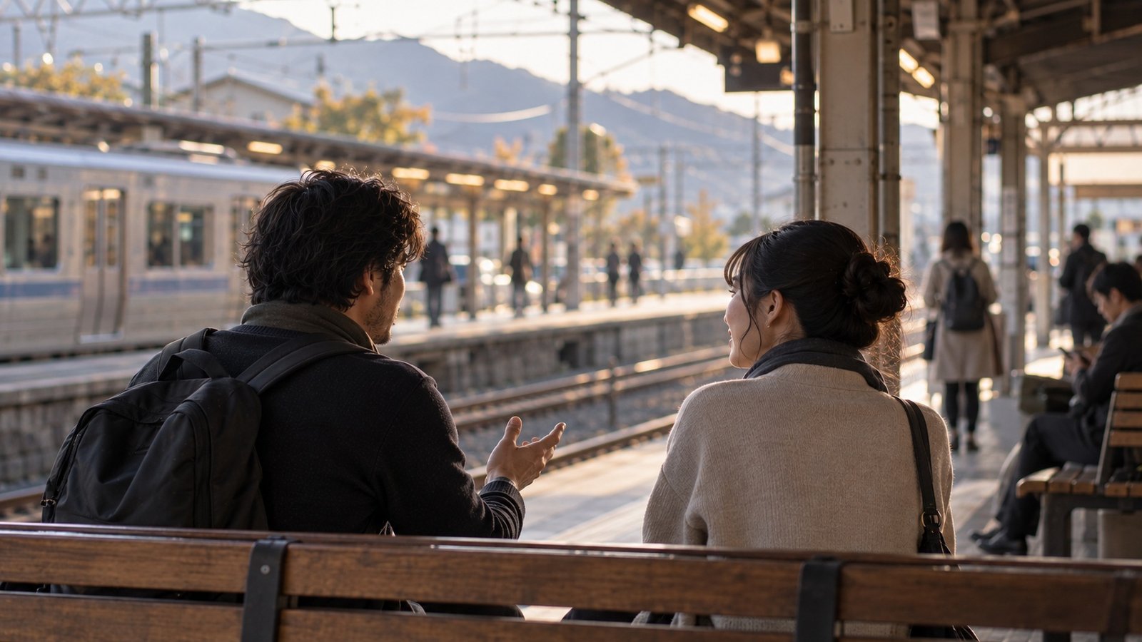 Two adults talking naturally while travelling in Japan