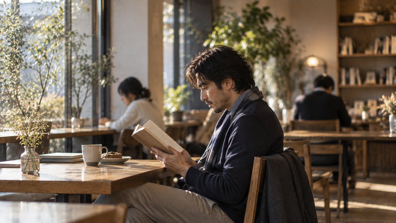 A person reading quietly in an ordinary Japanese setting