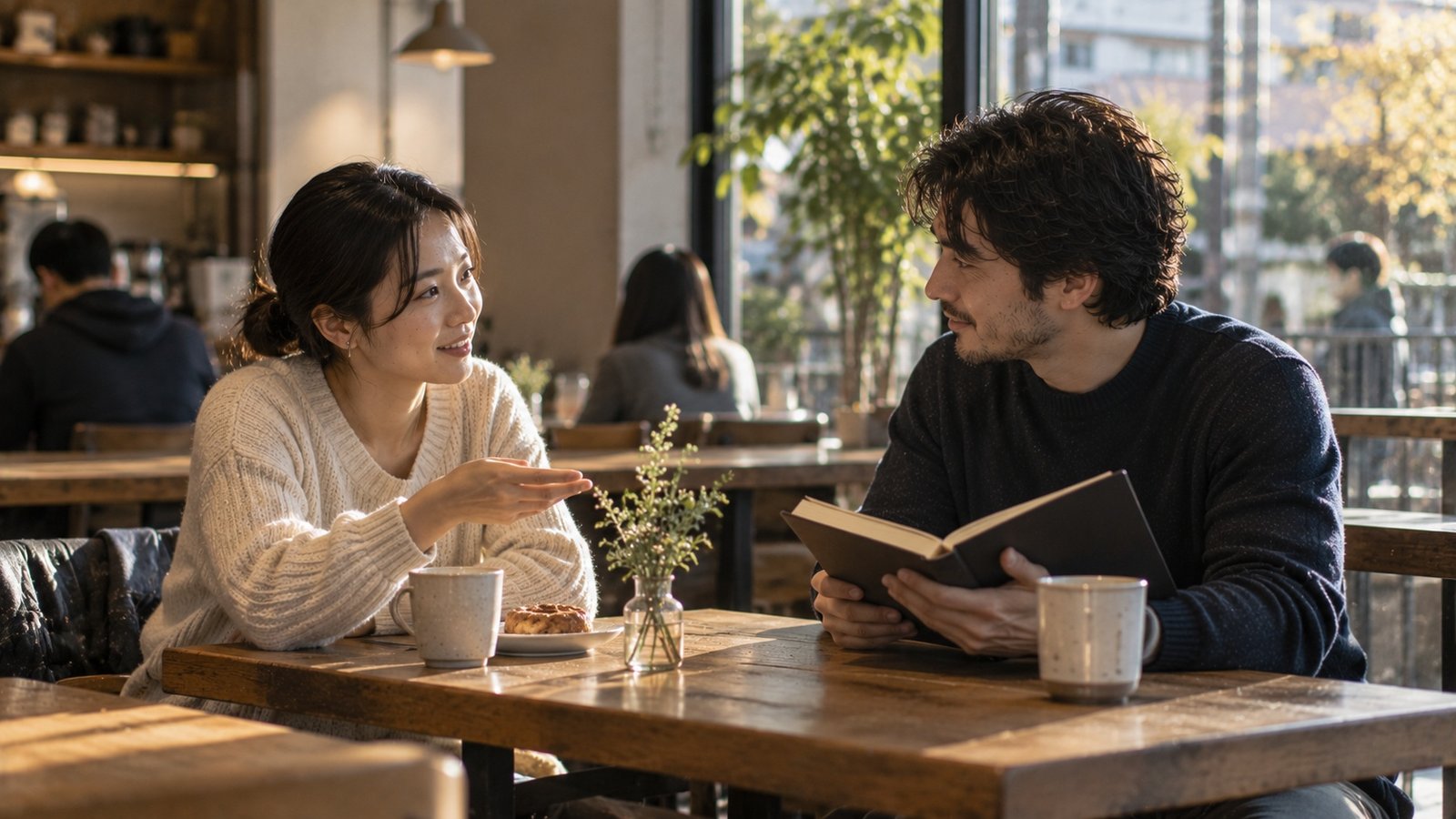 Two people sharing an ordinary present-moment conversation