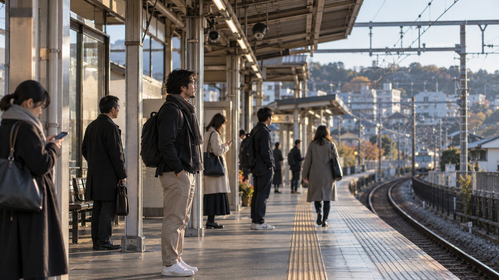 Everyday actions happening on an ordinary Japanese railway platform