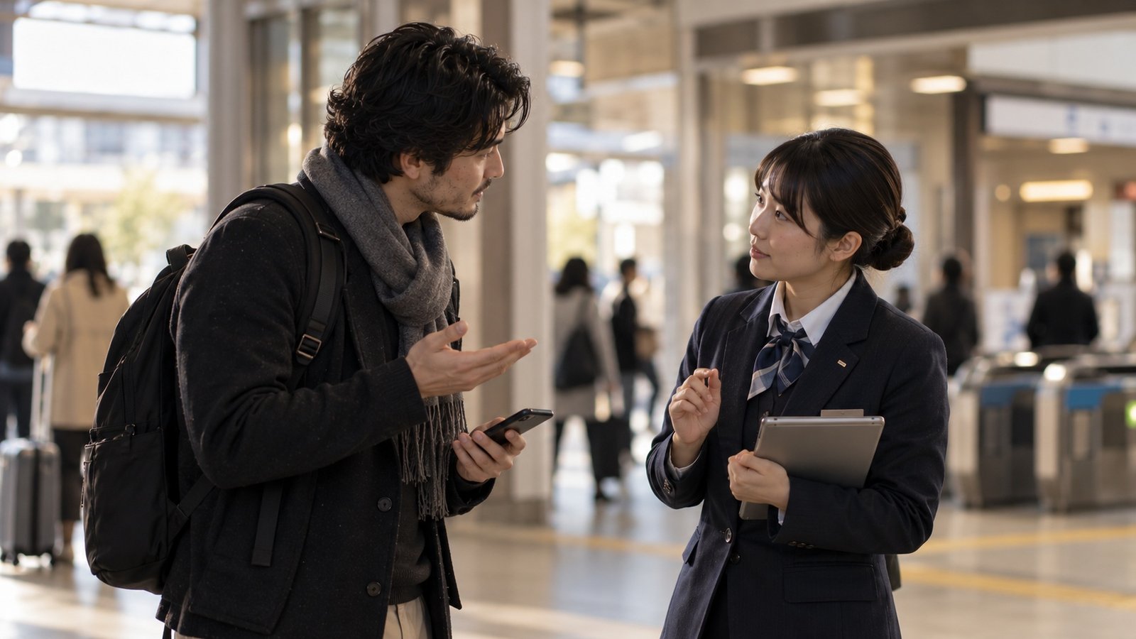 Two adults continuing a conversation after a request to repeat something