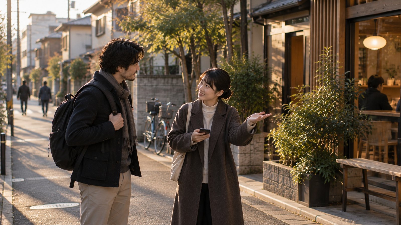 Two adults communicating naturally in an ordinary Japanese neighbourhood