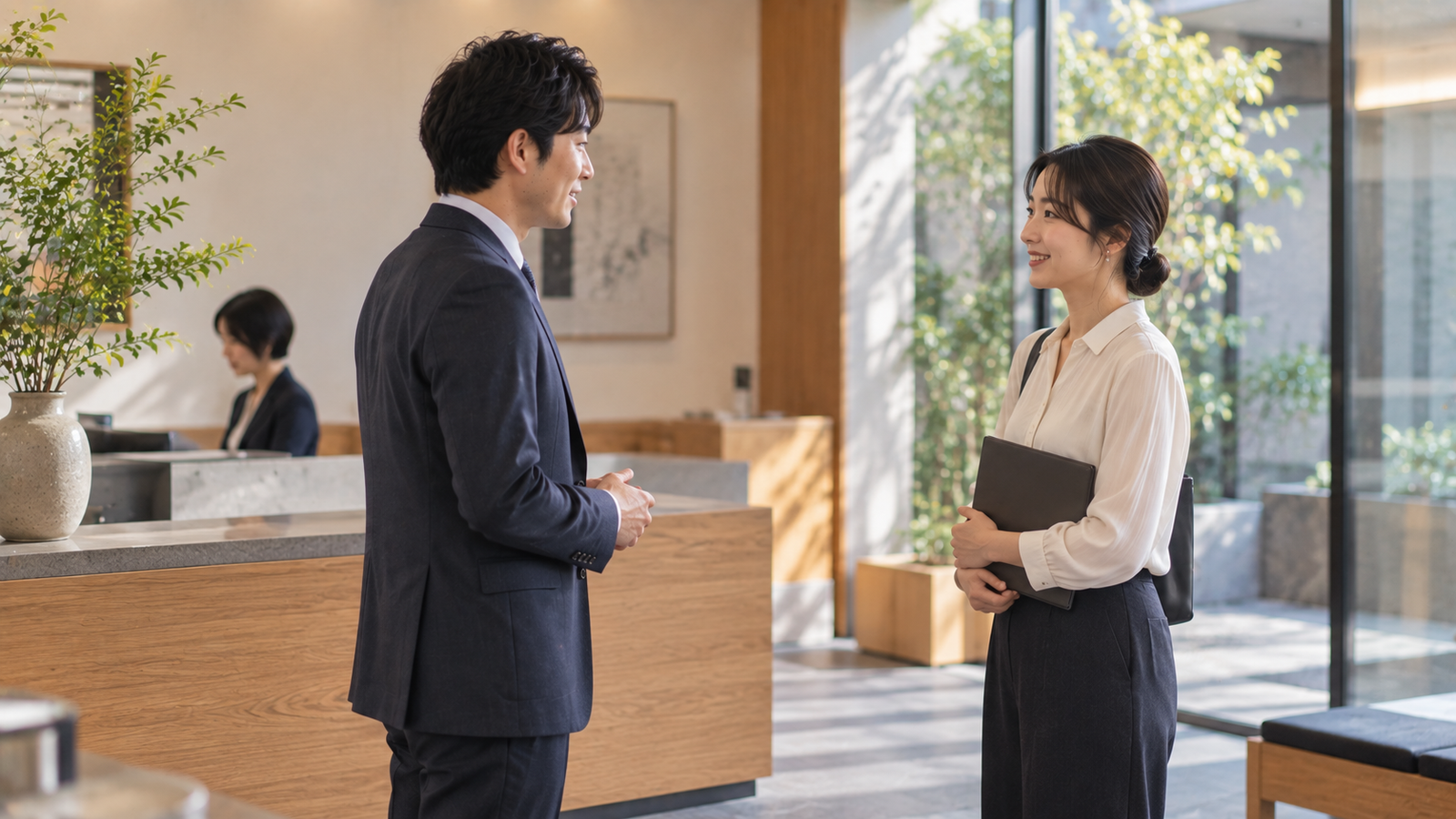Two adults introducing themselves in Japan