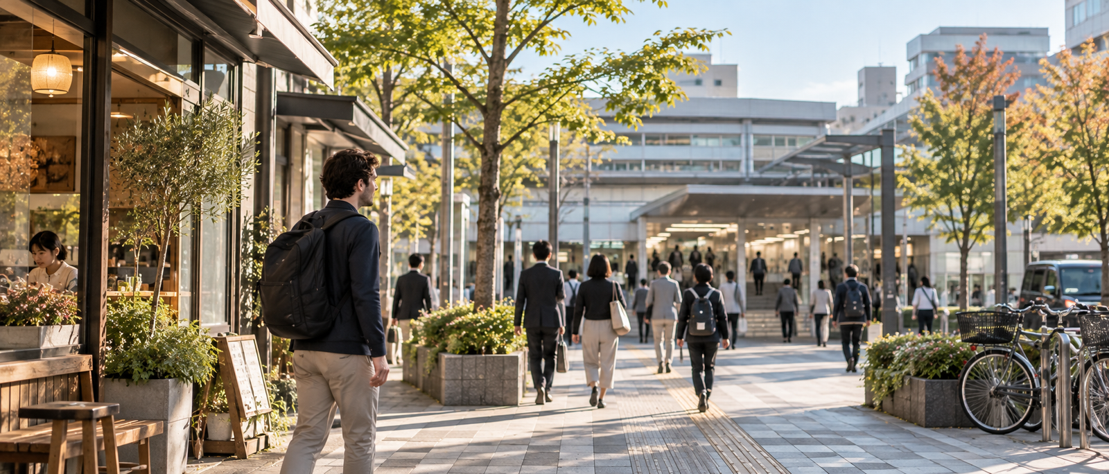 People moving through an everyday Japanese station district