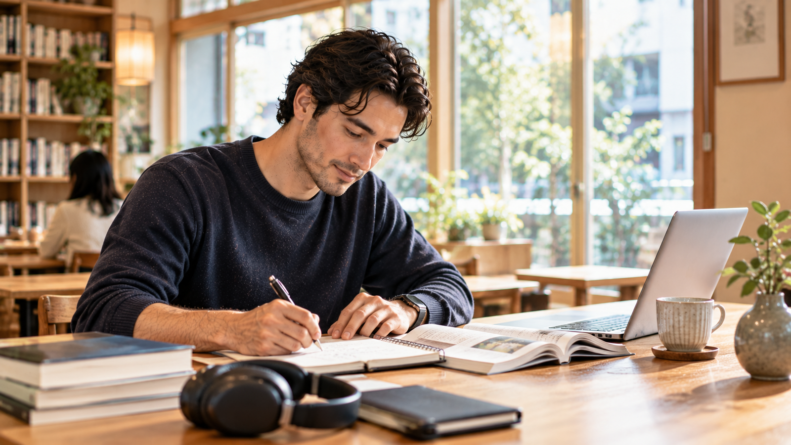 Adult studying quietly at a wooden desk