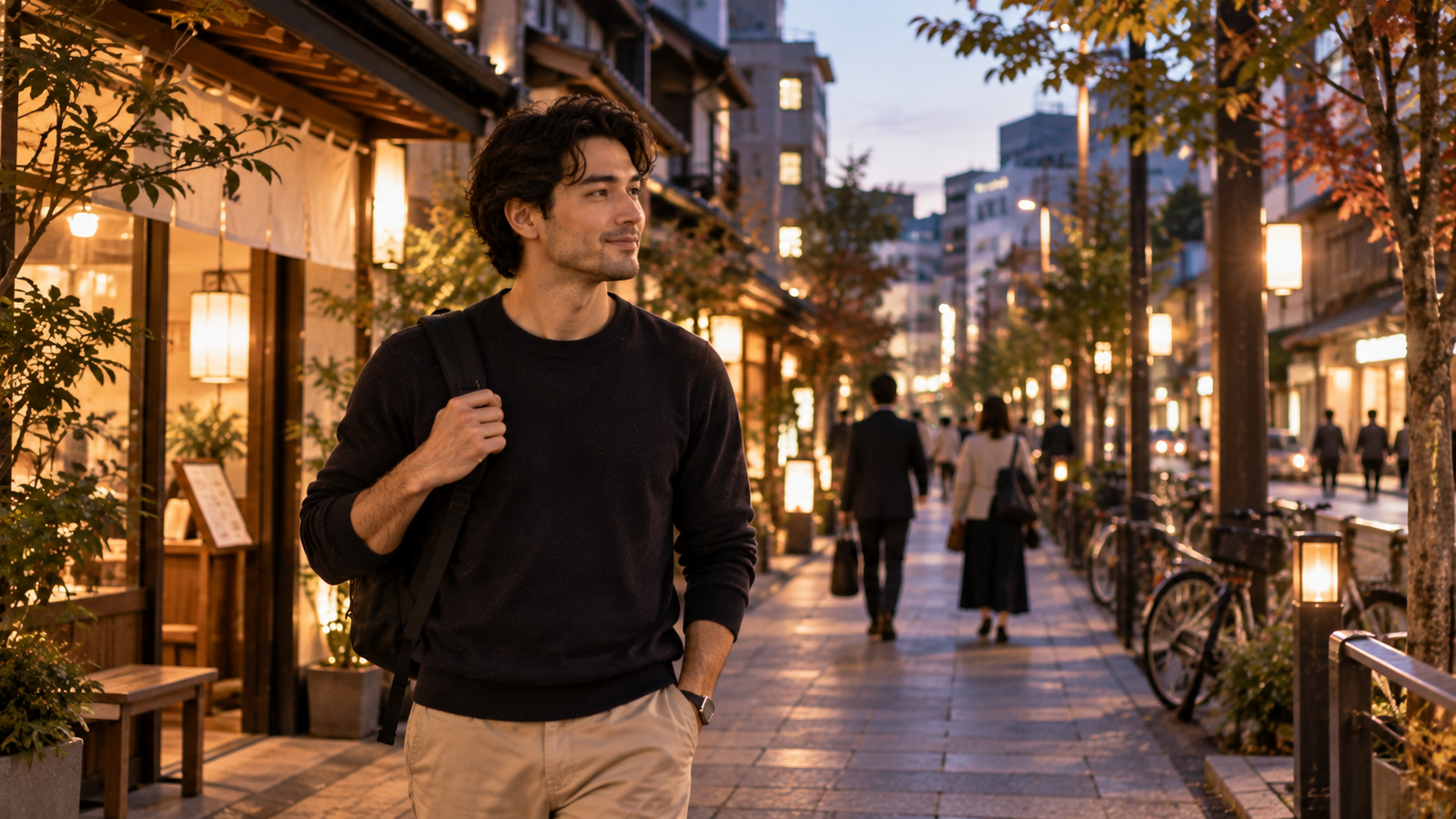 Adult walking confidently through a Japanese neighbourhood at dusk