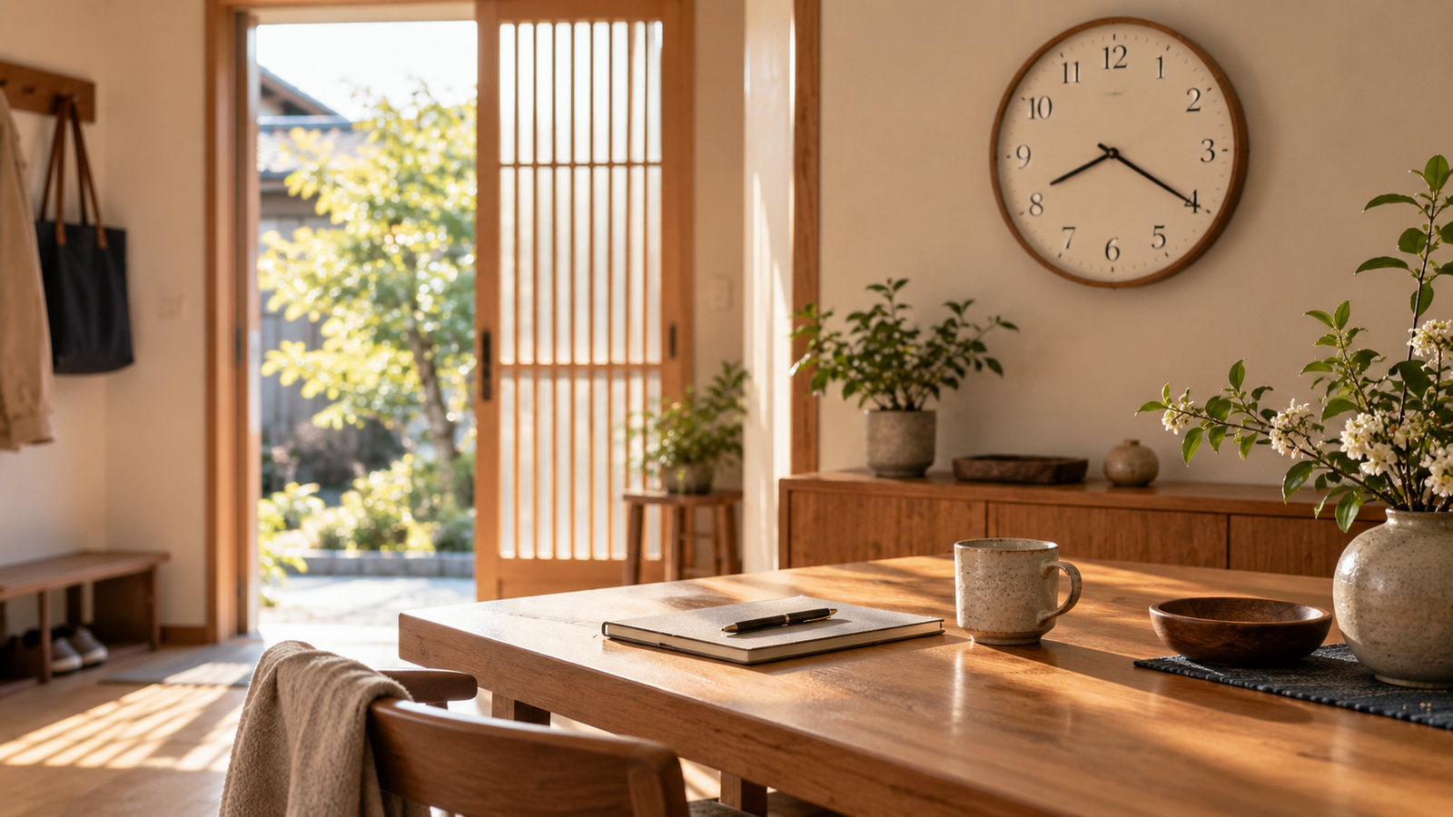 Quiet Japanese interior with an analogue clock in morning light.
