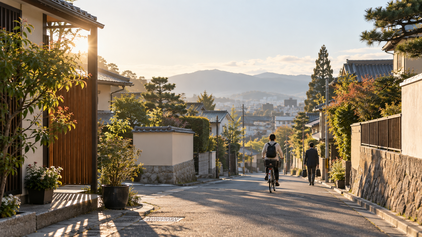 Cyclist and pedestrian on a quiet Japanese residential street in morning light.
