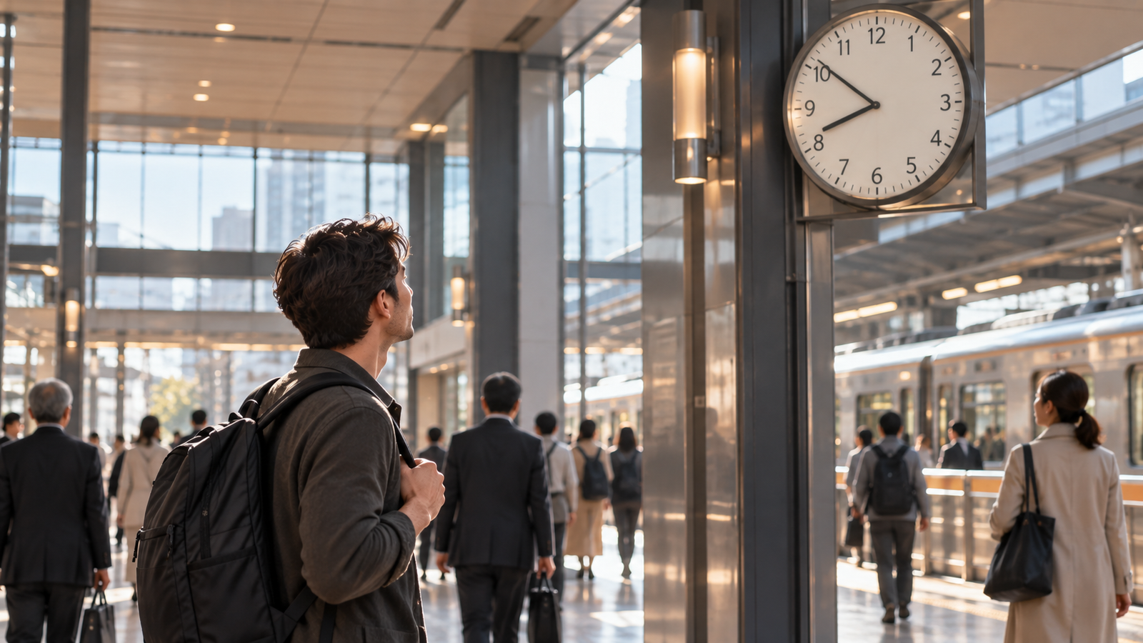 Traveller checks an analogue clock inside a modern Japanese station.