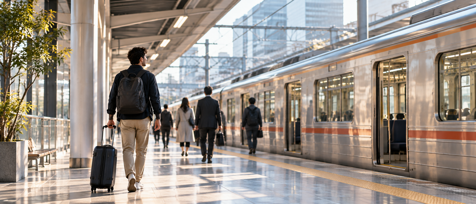 Traveller walking toward a commuter train on a Japanese railway platform