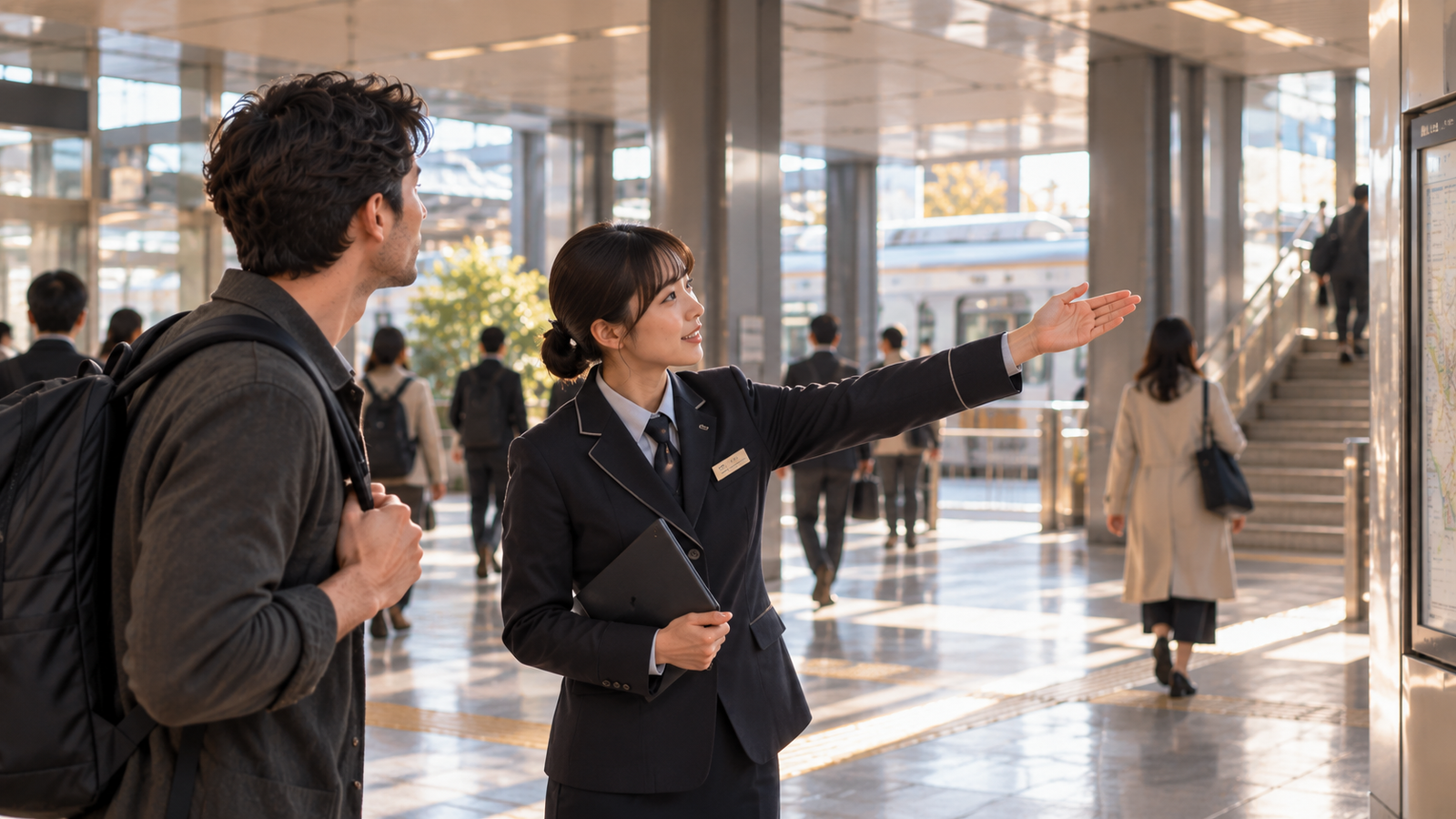 Traveller asking another adult for directions in a railway concourse