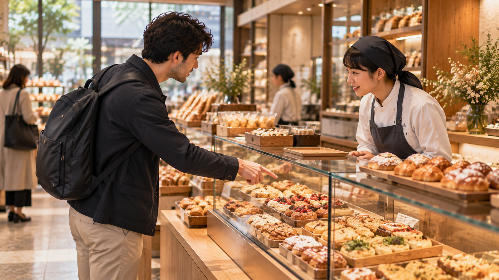 Customer indicating a bakery item to a staff member