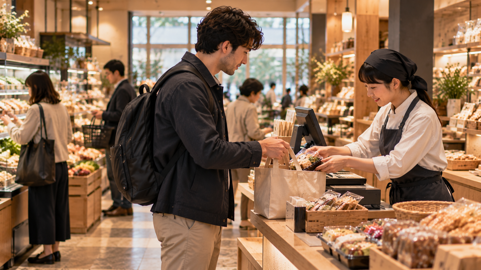 Everyday customer and staff interaction in a Japanese shop