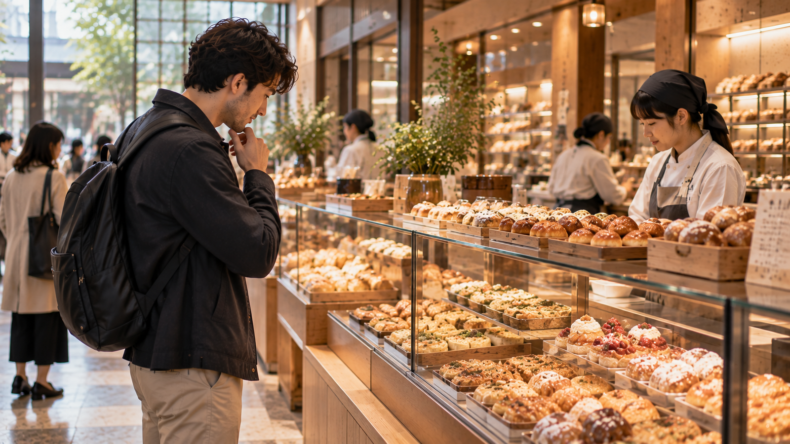 Shopper considering a choice at a bakery counter
