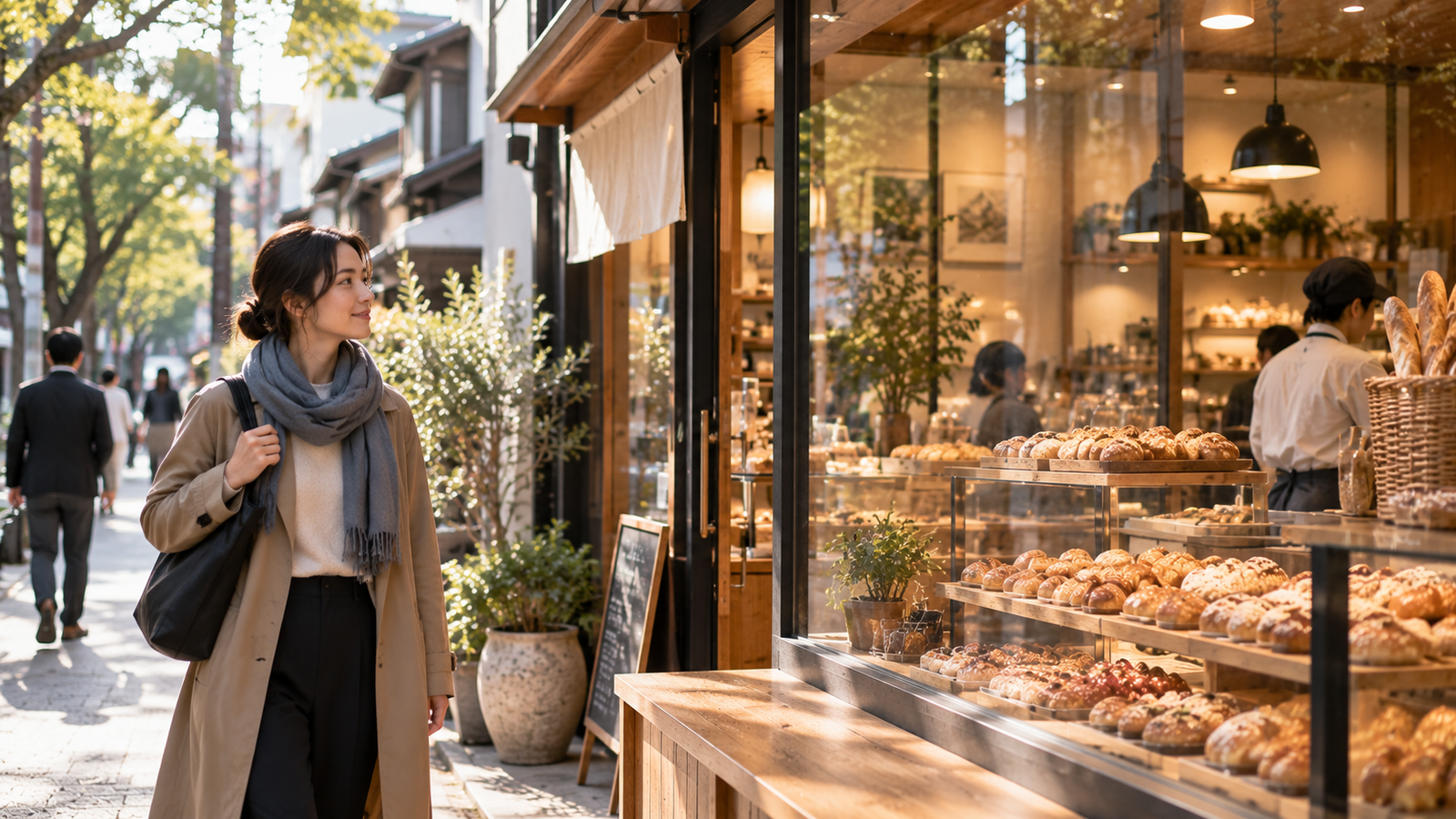 Learner moving through an everyday Japanese bakery district