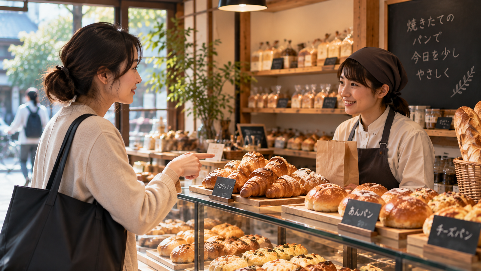 Learner ordering one bread at a bakery counter