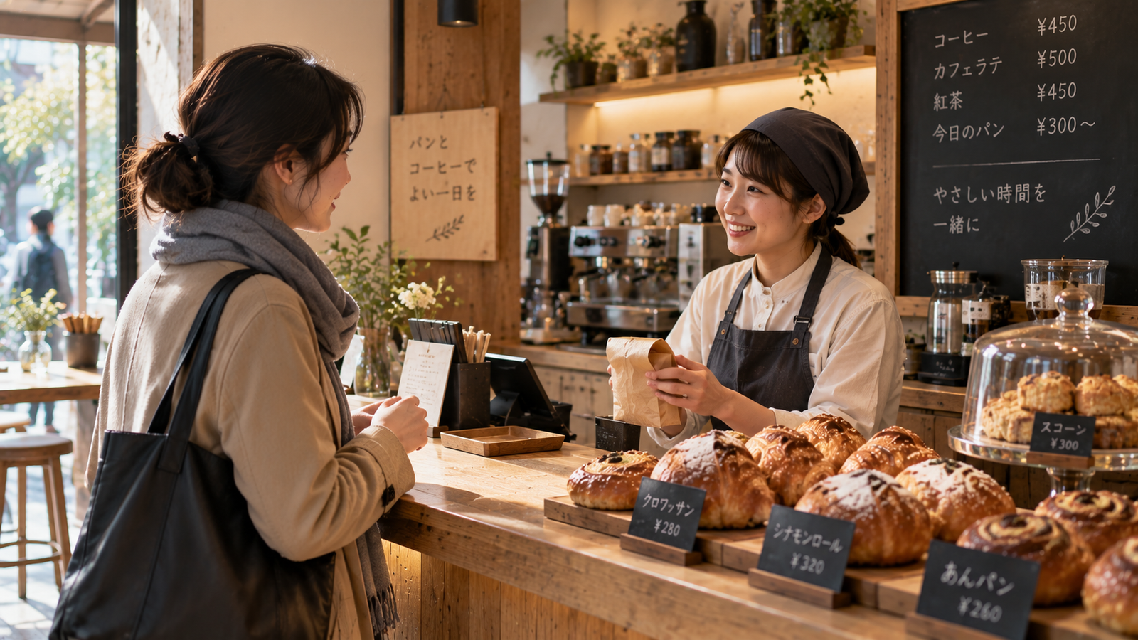 Customer and staff sharing a brief bakery counter exchange