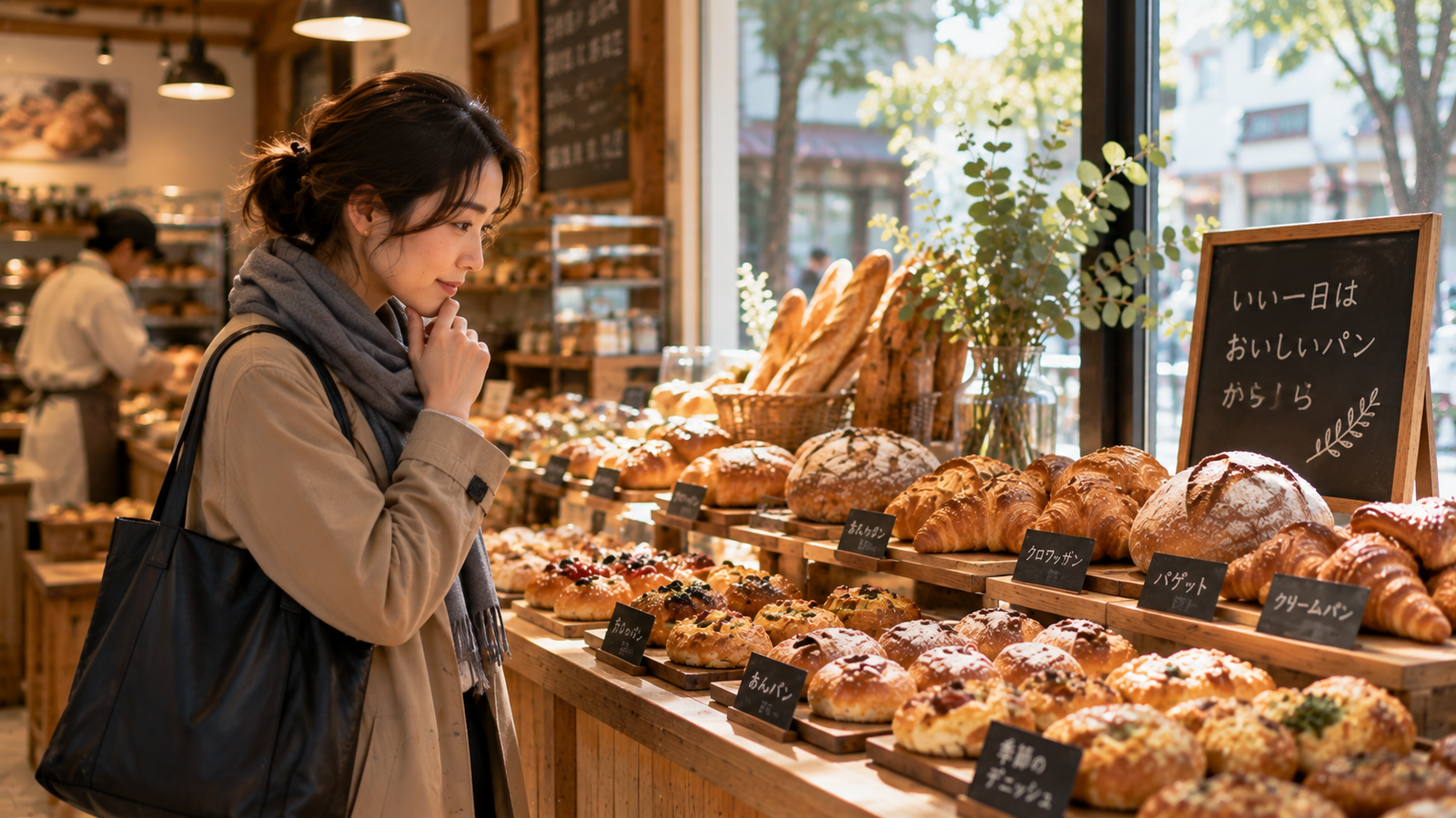 Learner considering bakery items before choosing one