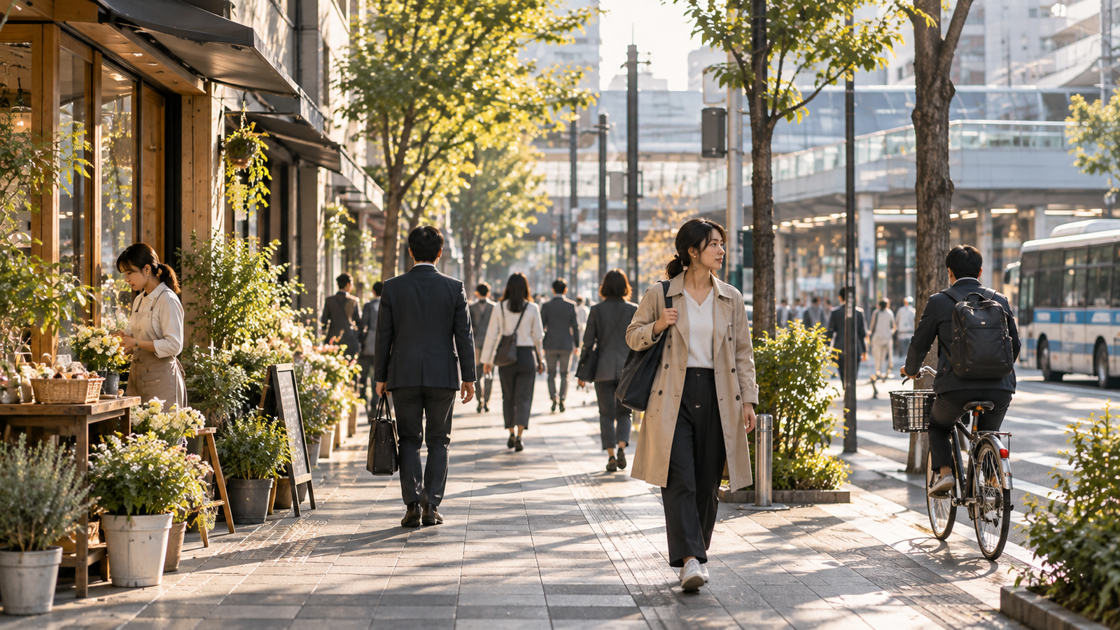 Ordinary weekday morning in a Japanese neighbourhood with commuters and bicycles