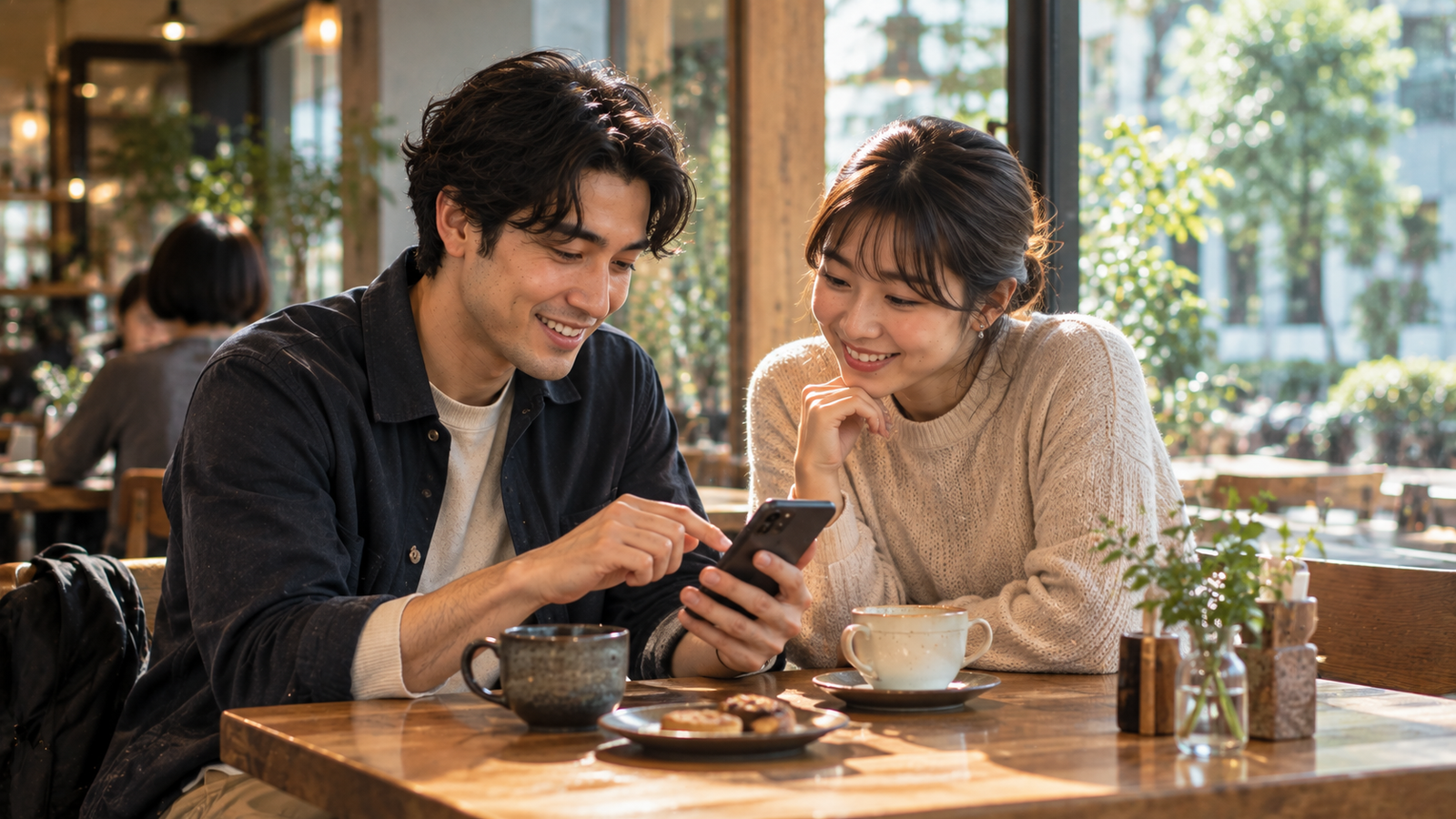 Two adults sharing a photograph in a quiet cafe