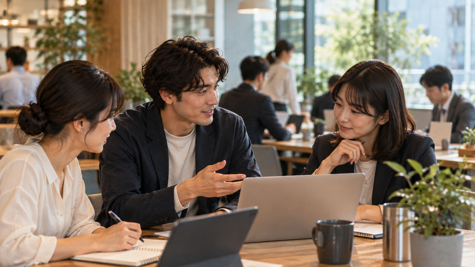 Professionals collaborating in a contemporary Japanese workplace