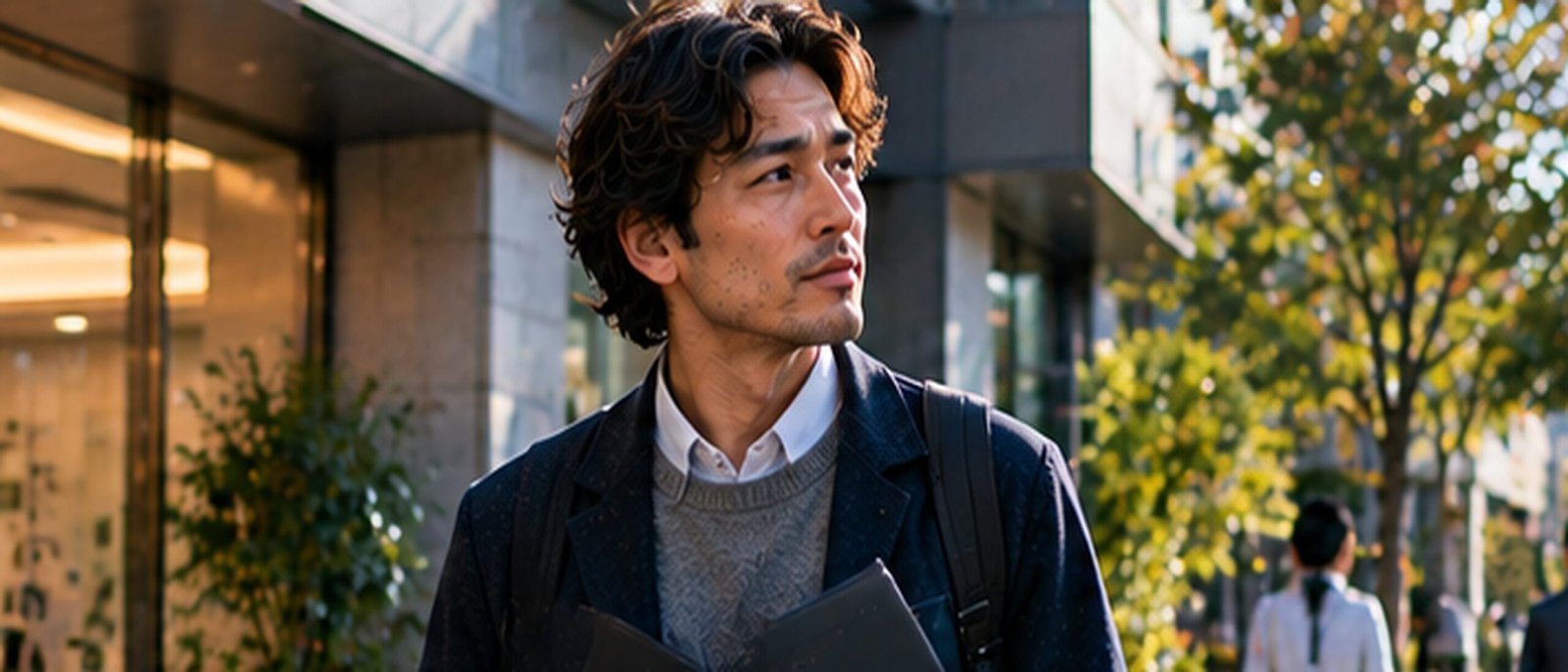 International entrepreneur stands outside a modern Japanese office building with business documents.