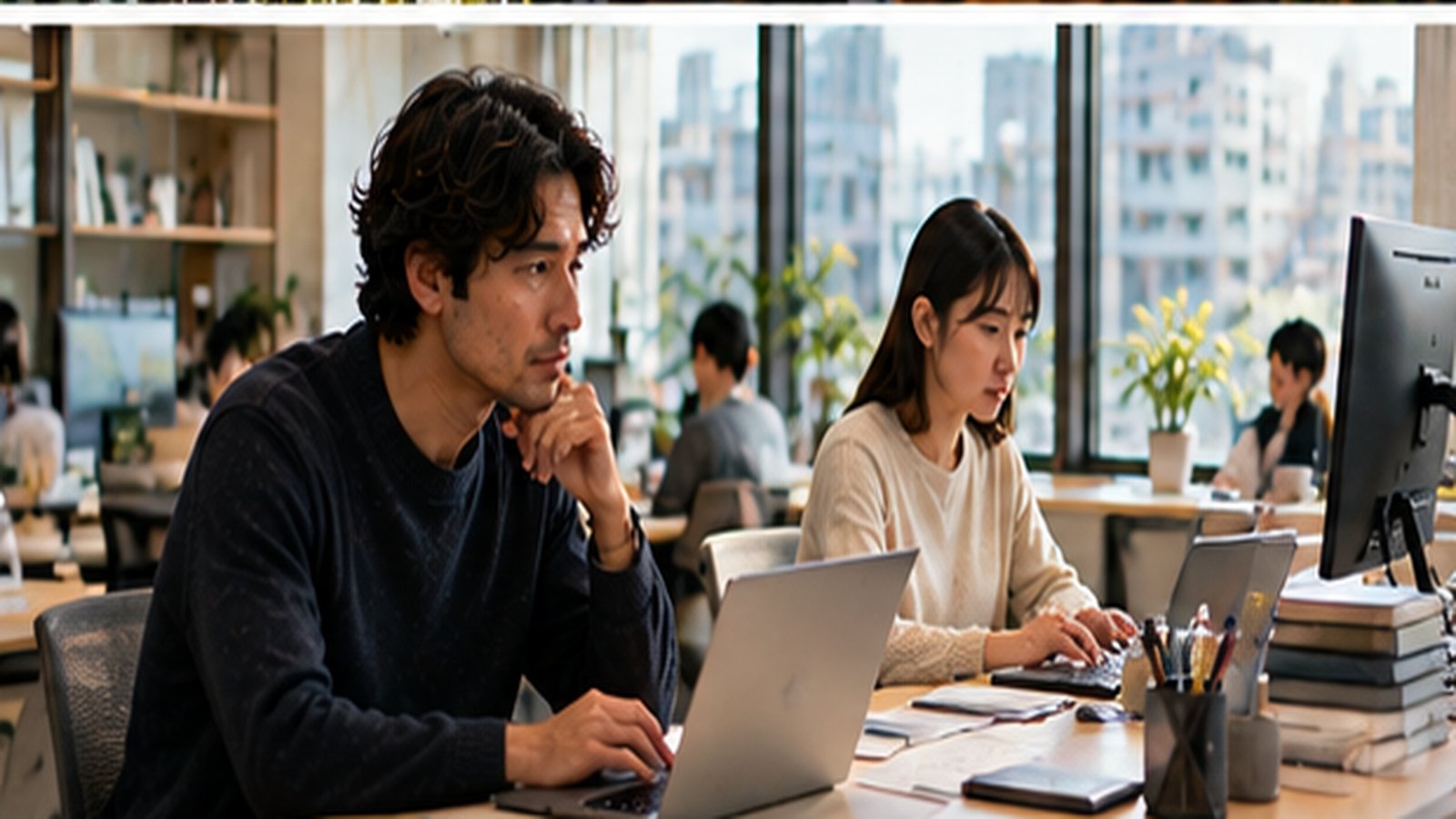 Entrepreneur works on a business plan in a Japanese office.