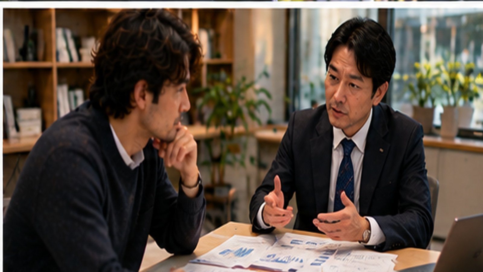 Japanese business professional reviews a business plan with an international entrepreneur.