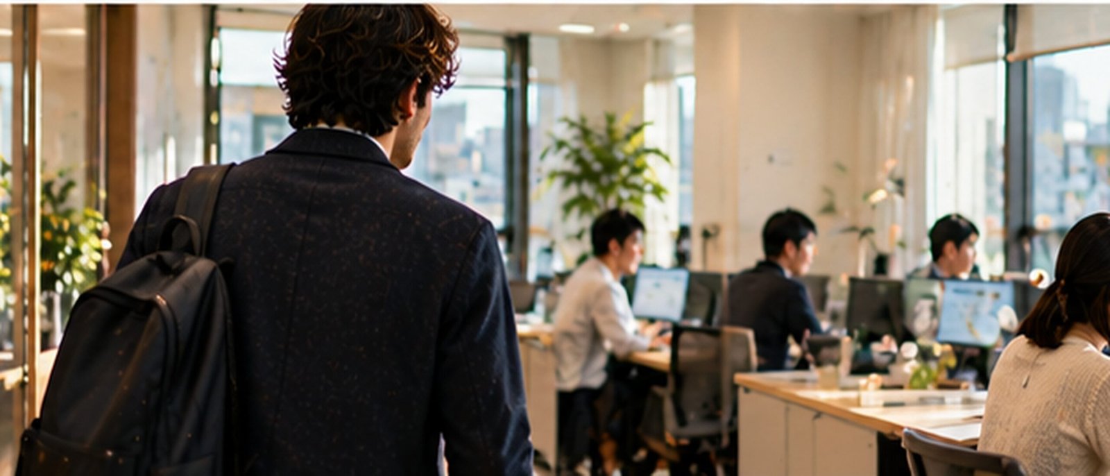 International entrepreneur enters an active Japanese office with staff working.